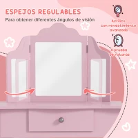 HOMCOM Tocador Infantil con Taburete y Espejo Ajustable Tocador para Niñas de 3-6 Años con Cajón Rosa(m-6)