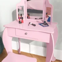 HOMCOM Tavolo da Trucco per Bambini con Sgabello e Triplo Specchio, in Legno e Acrilico, 63x40x85.5 cm, Rosa(m-7)