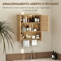HOMCOM Armário de Casa de Banho de Parede em Bambu com 2 Portas Ripadas, Prateleira Aberta e Ajustável Natural(m-4)