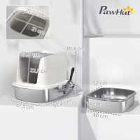 PawHut Bac à Litière Fermé en Inox, Couvercle Amovible, Entrée Frontale et Sortie Supérieure, Pelle, 52,4x41,3x39,8cm, Blanc(m-3)