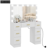 HOMCOM Kaptafel met Spiegel en 12 LED-lampen, Friseurtafel met 7 Lades, 6 Verborgen Opbergvakken, Spaanplaat, Wit