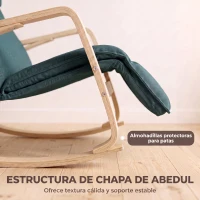 HOMCOM Silla Mecedora con Reposapiés Ajustable en 5 Posiciones Reposabrazos de Madera Acolchado Doble Capa Verde Oscuro(m-8)
