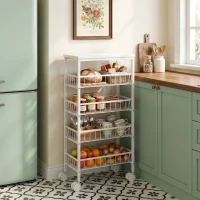 HOMCOM Carrito Auxiliar con Ruedas 4 Cestas Extraíbles Carga 15 kg Marco Metálico para Comedor Baño 40x24x82 cm Blanco(m-2)