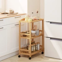HOMCOM Keukenwagen met 3 niveaus, Serveerwagen met opbergruimte, Keukenrek op wielen, voor keuken, badkamer, kantoor, Natuurlijk hout(m-2)