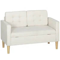 HOMCOM 2-zitsbank met opbergruimte en knoopgestikte rug, fluweel, 117×62×78 cm, crèmewit(m-11)