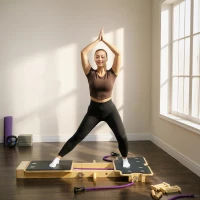 SPORTNOW Mini Reformer Pilates com Bandas de Resistência Pegas Roda Abdominal para Treino de Corpo Completo 165x80x10 cm Madeira(m-10)
