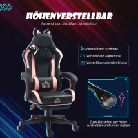 HOMCOM Gamingfauteuil met kattenoortjes, kantelbare rugleuning, uitschuifbare voetsteun, tot 120 kg, Roze/Zwart(m-5)