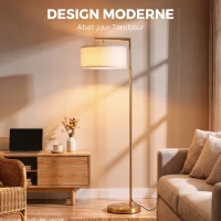 HOMCOM Lampadaire lampe à pied abat-jour en tissu de lin base ronde stable pour salle bureau or et blanc(m-4)