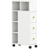 HOMCOM Smalle badkamerkast, badkast met 4 wielen, 3 lades, 5 open vakken, 20x40x80cm, Wit