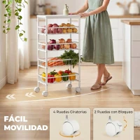 HOMCOM Carrito Auxiliar con Ruedas 4 Cestas Extraíbles Carga 15 kg Marco Metálico para Comedor Baño 40x24x82 cm Blanco(m-5)