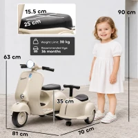 AIYAPLAY Motocicletă Electrică pentru Copii Licență VESPA cu 2 Locuri Pornire Lină Far Frontal Muzică USB și Depozitare Crem(m-3)