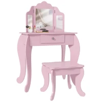 HOMCOM Tavolo da Trucco per Bambini con Sgabello e Triplo Specchio, in Legno e Acrilico, 63x40x85.5 cm, Rosa(m-1)