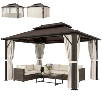 Outsunny 3 x 4m Hardtop Gazebo Canopy with UPF30+ Double Polycarbonate Roof, Aluminium Frame Garden Gazebo Permanent Pavilion with Mosquito Netting and Curtains for Patio, Deck, Beige(m-12)