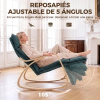 HOMCOM Silla Mecedora con Reposapiés Ajustable en 5 Posiciones Reposabrazos de Madera Acolchado Doble Capa Verde Oscuro(m-5)