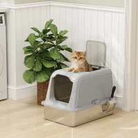 PawHut Katzenklo, Katzentoilette mit Deckel, Streuschaufel, vorne Eingang und ober Ausgang Edelstahl bis 8 kg(m-8)