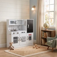 AIYAPLAY Kinderküche, Spielküche mit Telefon, Kreidetafel, Mikrowelle, Herd, Spüle, Zubehör, Eiswürfelmaschine, 3-8 Jahre, Weiß(m-8)