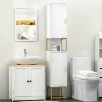 kleankin Colonna Bagno con 2 Armadietti e Ripiano in MDF e Acciaio, 30x30x170.7cm, Bianco e Oro(m-8)