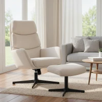 HOMCOM Gepolsterde fauteuil met voetenbank, loungefauteuil met hoge rugleuning, metalen basis, voor woonkamer, slaapkamer, beige(m-2)