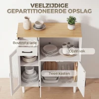 HOMCOM Dressoir Keukenkast met Lade, 2 Kasten, Open Vak, Geribbelde Acrylglasdeur 80 x 34 x 91 cm Wit+Eiken(m-5)