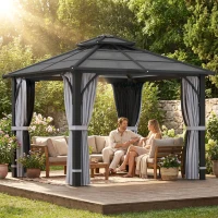 Outsunny 3 x 3(m) Hardtop Gazebo Canopy with 7mm Polycarbonate Double-Tier Roof, Garden Gazebo Permanent Pavilion with Mosquito Netting and Curtains for Patio, Terrace, Dark Grey(m-8)