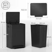 HOMCOM Küchenabfalleimer 50 l, Treteimer, herausnehmbarer Einsatz, Soft-Close-Deckel, 41,7x36,6x62cm, schwarz(m-3)