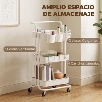 HOMCOM Carrito Auxiliar con Ruedas Carro de Almacenaje Multifuncional con Ganchos y Cajas Colgantes 42x38x86,5 cm Blanco(m-4)