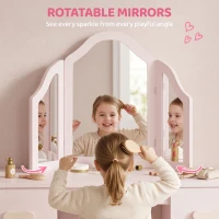 AIYAPLAY Kids Dressing Table, Kids Vanity Table and Chair Set with Tri-Folding Mirror, 2 Drawers, 2 Cabinets for Girls 3+, Pink(m-6)