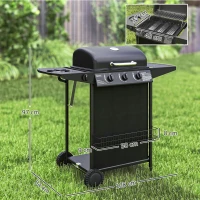 Outsunny Barbacoa de Gas con 3 Quemadores Quemador Lateral Tapa con Termómetro Parrilla y Mesa Lateral Ruedas 108x54x97 cm Negro(m-3)