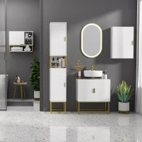 kleankin Colonna Bagno con 2 Armadietti e Ripiano in MDF e Acciaio, 30x30x170.7cm, Bianco e Oro(m-9)