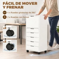 HOMCOM Cajonera de Oficina con 5 Cajones Ruedas y Armario con Cierre Suave Soporte para Impresora Blanco(m-5)