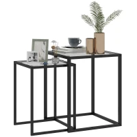 HOMCOM 2-delige set bijzettafels stapelbare nachttafel salontafel met stalen poten, modern voor woonkamer Zwart(m-11)