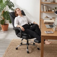 HOMCOM Silla de Oficina Reclinable a 155° con Reposapiés, Doble Acolchado y Revestimiento en Piel Sintética, Negro(m-8)