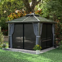 Outsunny 3 x 3(m) Hardtop Gazebo Canopy with 7mm Polycarbonate Double-Tier Roof, Garden Gazebo Permanent Pavilion with Mosquito Netting and Curtains for Patio, Terrace, Dark Grey(m-10)