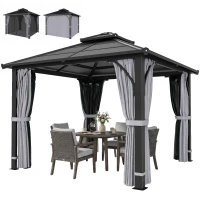 Outsunny 3 x 3(m) Hardtop Gazebo Canopy with 7mm Polycarbonate Double-Tier Roof, Garden Gazebo Permanent Pavilion with Mosquito Netting and Curtains for Patio, Terrace, Dark Grey(m-11)