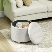HOMCOM Zit-hocker met opbergruimte, hocker met deksel, ronde voeten-hocker, opbergbox, met houten poten, Wit(m-7)