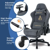Chaise gaming avec repose-pieds, simili-suède respirant, réglable en hauteur avec vérin à gaz, pivotante, 70x70x135 cm, Gris(m-5)