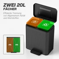 HOMCOM Keukenafvalbak, 2 x 20 L compartimenten, efficiënte afvalscheiding, voetpedaal, kunststof, metaal, zwart(m-4)