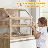 PawHut Kleine Hamsterkooi Compacte 3 Lagen met Vouwbaar Deksel Looprad voor Appartement Natuurhout(m-7)