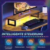 Bureau d'angle en L avec éclairage LED, plateau surélevé pour moniteur + crochet pour casque, 142x118x87,5 cm, Marron(m-4)