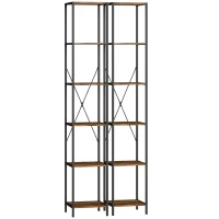 HOMCOM Set van 2 6-niveaus-boekenkasten, stalen frame, voor woonkamer, kantoor, slaapkamer, Rustiek-Bruin(m-1)