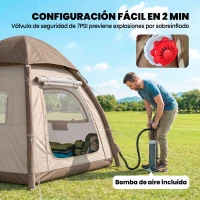 Outsunny Tienda de Campaña Inflable con Mosquitera Vestíbulo Bomba para 3–4 Personas UPF30+ Bolsa Montaje Rápido Impermeable(m-4)