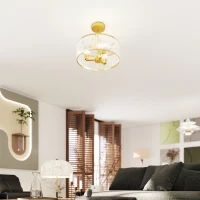 HOMCOM Plafondlamp, Kronleuchter-Design, Kristallen kap, 3 lampen, Metaal, Goudkleurig(m-9)