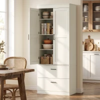 HOMCOM Landhaus-Küchenschrank, hoher Vorratsschrank mit verstellbaren Einlegeböden und 2 Schubladen, Cremeweiß(m-2)