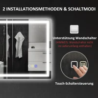 HOMCOM LED Badkamerspiegel met Verlichting, Anti-condensfunctie, 3 Verstelbare Kleurtemperaturen, Klok, 60 x 80 cm, Zilver(m-9)