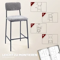 HOMCOM Set van 2 barkrukken, gepolsterde hoge stoelen voor keukentafel en huisbar, rugleuning, voetsteun, stofbekleding, staal, grijs(m-8)