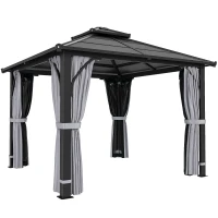 Outsunny 3 x 3(m) Hardtop Gazebo Canopy with 7mm Polycarbonate Double-Tier Roof, Garden Gazebo Permanent Pavilion with Mosquito Netting and Curtains for Patio, Terrace, Dark Grey(m-1)