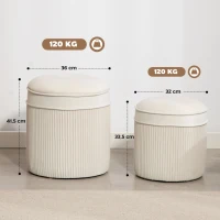 HOMCOM Set van 2 poefs met opbergruimte Poef met deksel, ronde voetenbank gestoffeerd 36 x 36 x 41,5 cm Crèmewit(m-3)