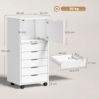 HOMCOM Cajonera de Oficina con 5 Cajones Ruedas y Armario con Cierre Suave Soporte para Impresora Blanco(m-3)