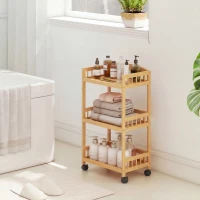 HOMCOM Keukenwagen met 3 niveaus, Serveerwagen met opbergruimte, Keukenrek op wielen, voor keuken, badkamer, kantoor, Natuurlijk hout(m-9)