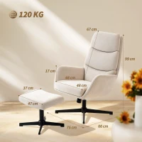 HOMCOM Gepolsterde fauteuil met voetenbank, loungefauteuil met hoge rugleuning, metalen basis, voor woonkamer, slaapkamer, beige(m-3)